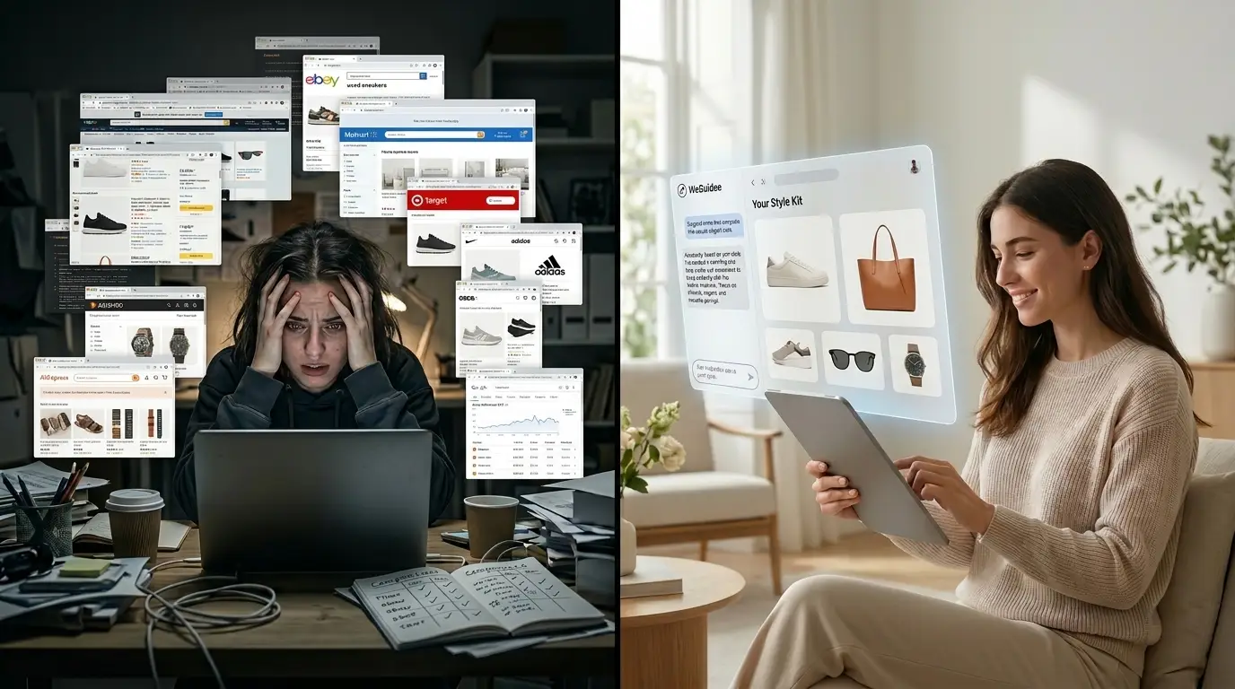 Before WeGuidee: chaotic browsing. After WeGuidee: effortless shopping.